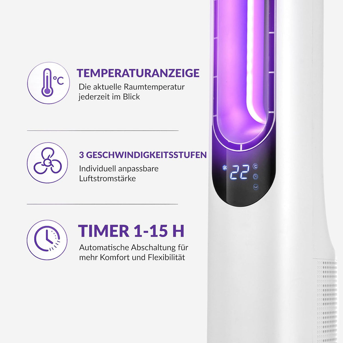 LEHMANN Turmventilator mit Fernbedienung & LED-Display, leiser Ventilator mit Schlafmodus, 15 h Timer, 3 Lichtfarben, 3 Modi, 3 Geschwindigkeiten,