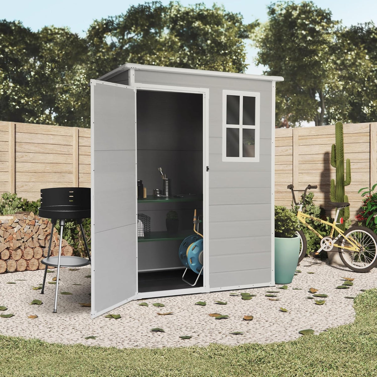 Wasabi - Caseta de Resina Jardín Unit 1.4 – Ventana Luz Natural - Suelo Incluido - Paneles 12mm de Espesor - Gris Blanco - Cobertizo PVC Almacenaje
