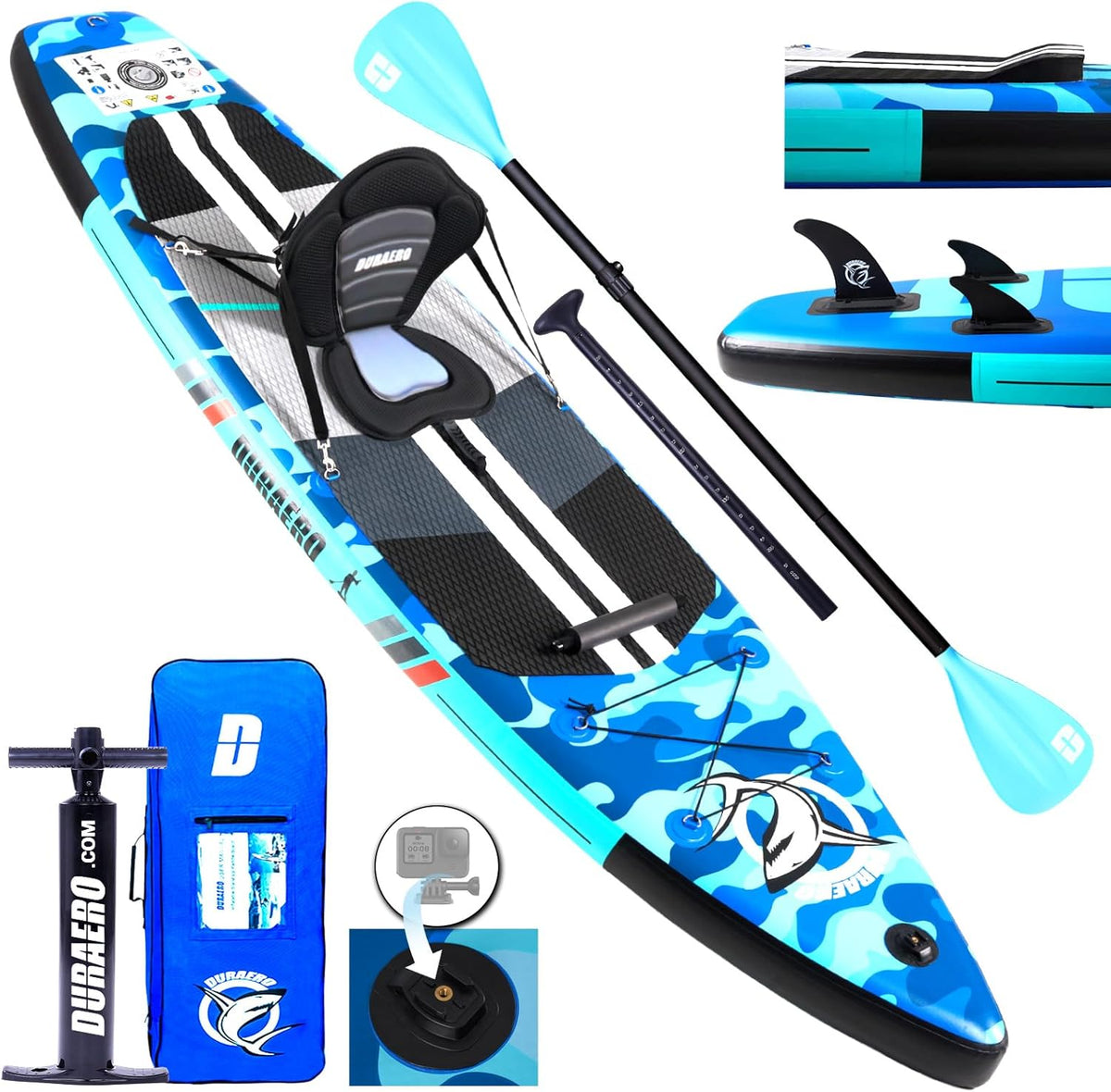 Inflatable Paddle Board with Kayak Seat, 330 x 76 x 15 cm, up to 150 kg, Integrated Pad, Detachable Fin, Double Adjustable Paddle, Repair Kit, Blue