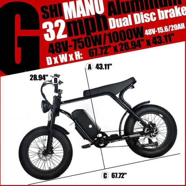 Electric Mountain Bike for Adults | 20 x 4.0 Fat Tires, 1000W Motor, 48V 20Ah Removable Battery, Max Speed 45MPH, Shi Mano 7-Speed for Off-Road
