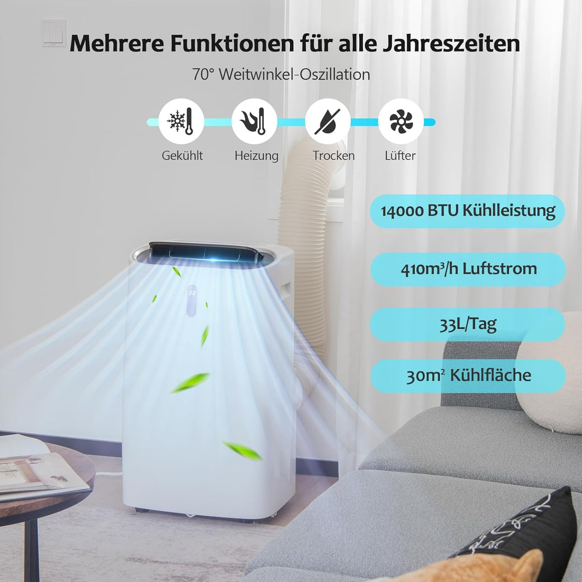 GOPLUS 14000 BTU Klimaanlage mit Abluftschlauch, 5 in 1 mobiles Klimagerät: Kühlen, Heizen, Entfeuchten, Belüften, Schlafmodus | für Raumgröße bis