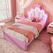 View Kinderbett Polsterbett 90x200, Kronenförmiges Prinzessinnenbett, Einzelbett mit LED und 2 Schubladen, Bettgestell für Mädchen, mit Verstellbares image 4
