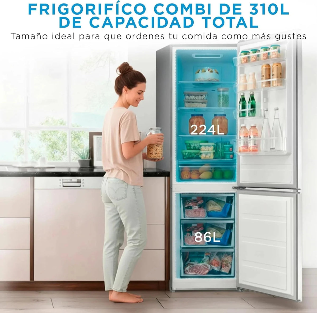Midea Frigorífico Combi No Frost | 60 cm ancho x 188 alto cm | Inox | Nevera libre instalación 224 L + 86 L Congelador - Refrigerador de bajo consumo