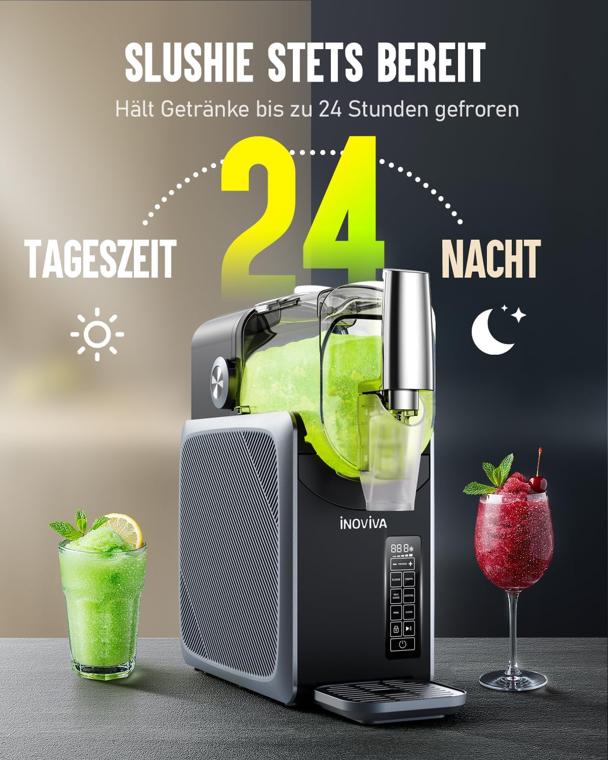 INOVIVA Slush Maschine 2.6L, kein Eis erforderlich, Slushie für Zuhause mit Selbstreinigung, 5 voreingestellte Modi, Slushies, Milchshakes, Frappés &