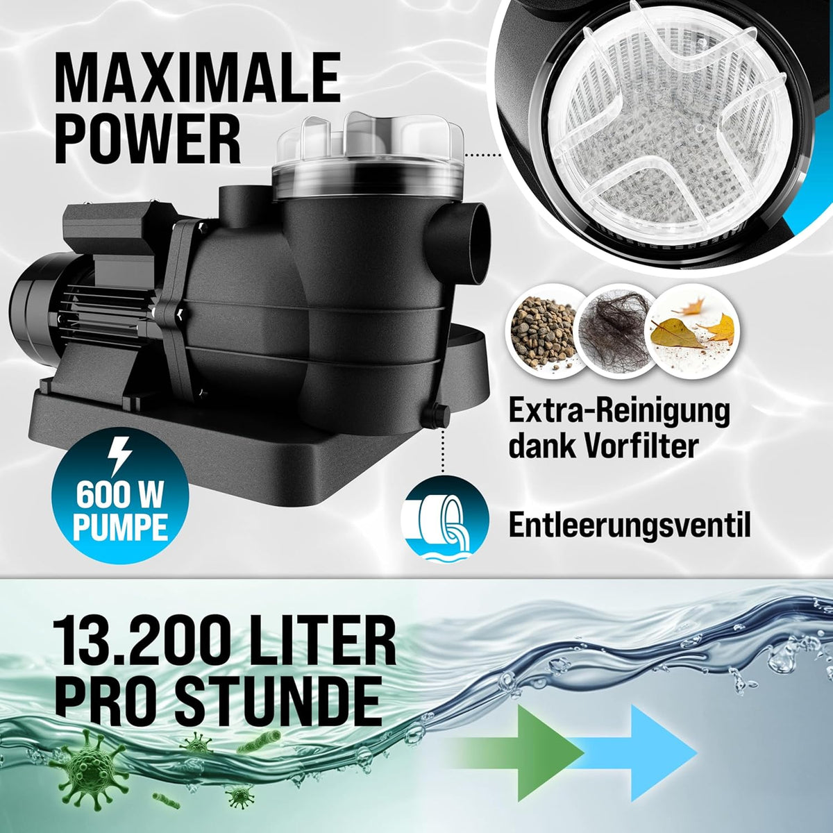 MONZANA Sandfilteranlage 13.200L/h bis 58.000L Pool Vorfilter 7-Wege-Ventil 600W 30L Tank 2in1 Adapter Ø32-38mm Filteranlage Poolfilter Sandfilter
