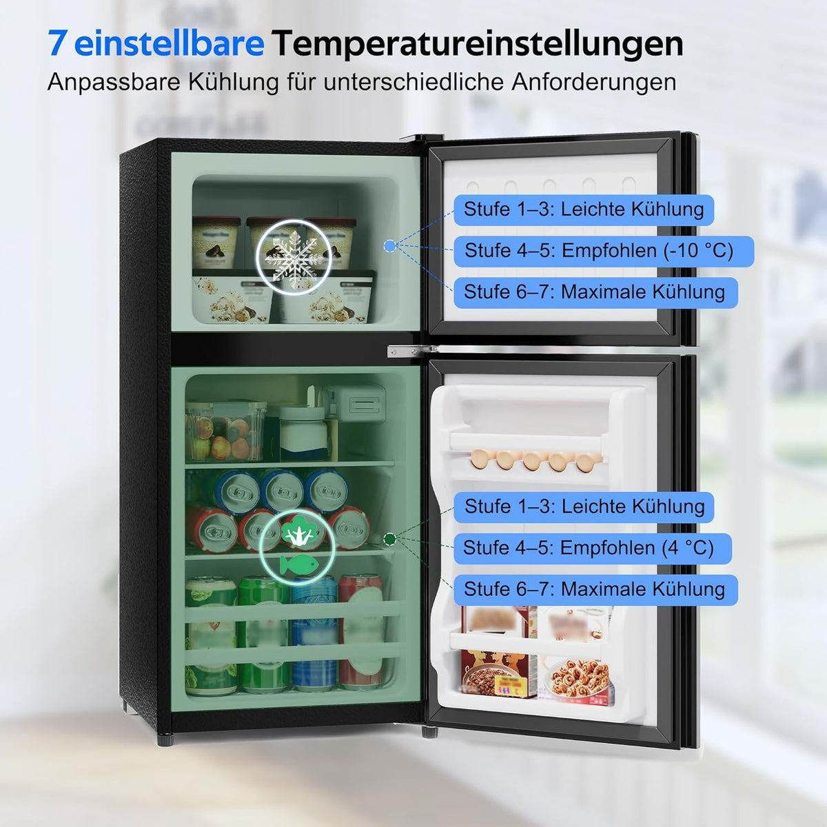 Merax Kühlschrank mit Gefrierfach, 60L Kleiner Kühlschrank, kompakt, Glastür, LED-Innenbeleuchtung, manuelle Temperaturregelung, Glasablagen, 45 dB(A)