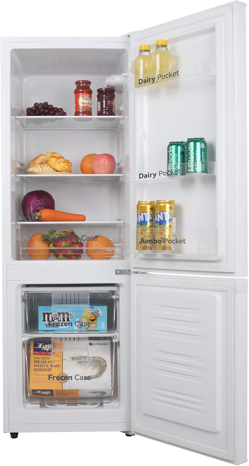 VOK Frigorífico Combi 154L EVR-154DEW, 142 cm Altura x 48,3 cm Ancho, Clase E, Bajo Nivel Sonoro 39 dB, Puerta Reversible, Estanterías Cristal