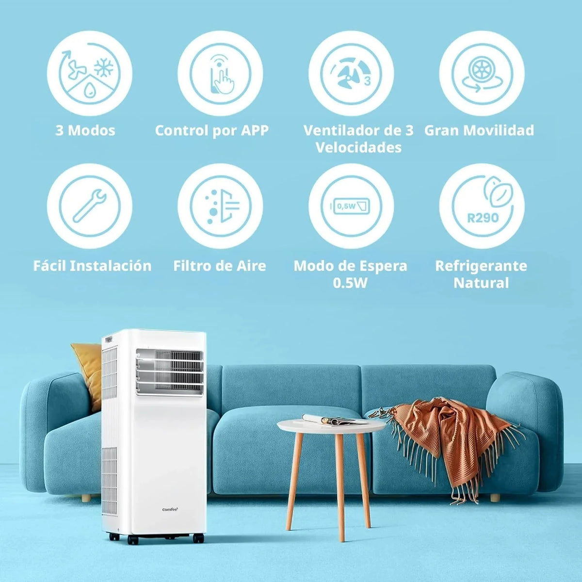 COMFEE Pingüino Aire Acondicionado Portátil 9000 BTU/2300 Frigorías Breezy Cool Pro – Climatizador sin unidad exterior, Bajo Consumo, App Control y