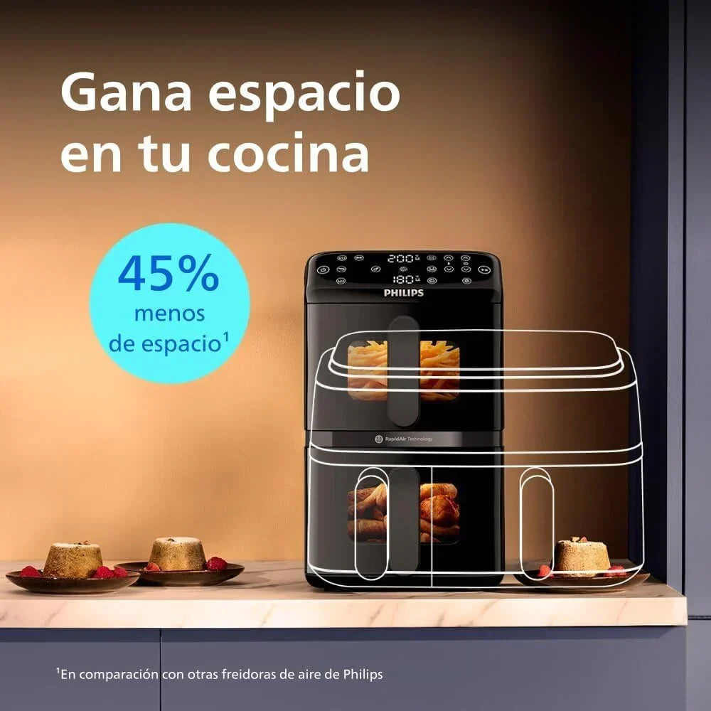 Philips Airfryer Series 4000 Double Vertical Basket 10L – RapidAir Technology, Sync, 2 Baskets at Once, 45% Less Space, PFAS Free Ceramic Coating,