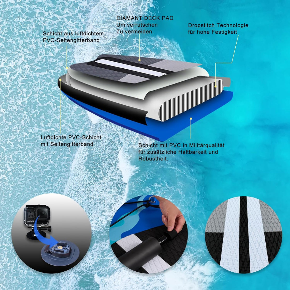 Inflatable Paddle Board with Kayak Seat, 330 x 76 x 15 cm, up to 150 kg, Integrated Pad, Detachable Fin, Double Adjustable Paddle, Repair Kit, Blue