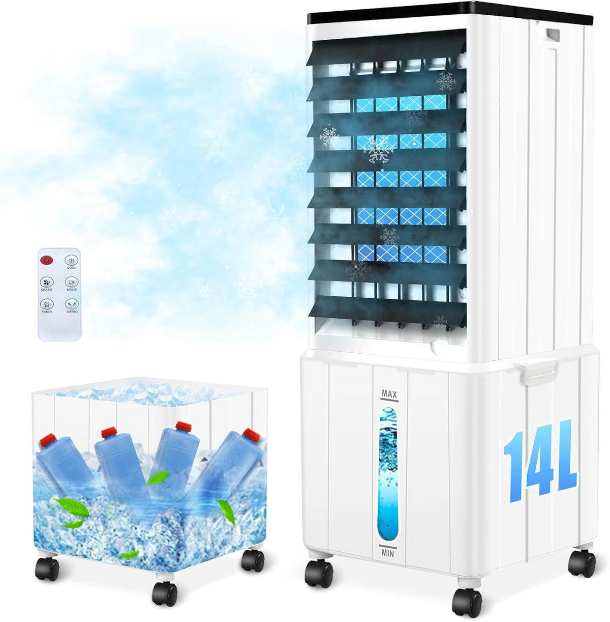 Klimagerät ohne Abluftschlauch, 14L 60W Klimaanlage Mobil mit 12H Timer, 3 Modus, 40dB, 120°Oszillation, Abnehmbare Wassertank, Fernbedienung, Leise