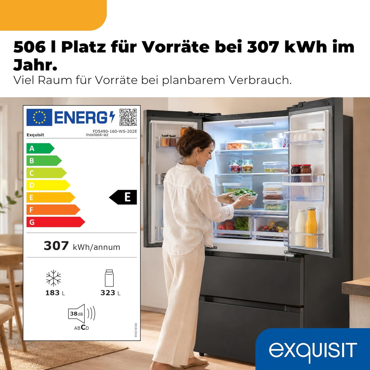 Exquisit Frenchdoor Kühl-Gefrierkombination | 506 l Nutzinhalt, Energieklasse E, 41 dB, No Frost Kühlen & Gefrieren, Schnellgefrieren, Wasserspender,