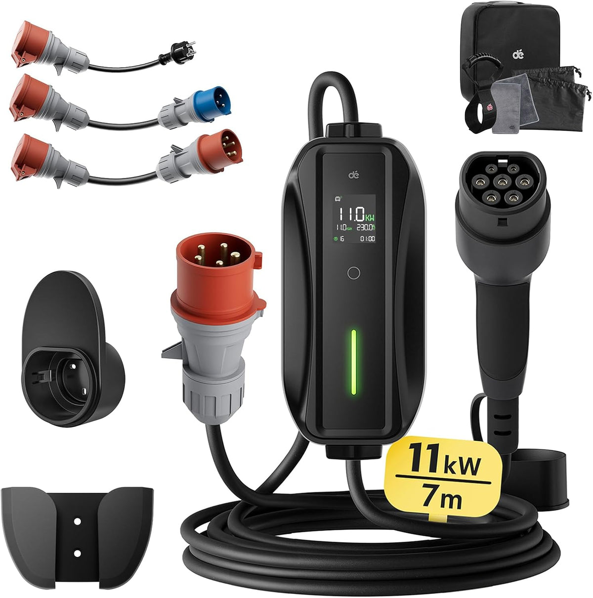 dé Mobile Wallbox/Ladestation 11kW [3-phasig|7m|6-16A] mit Traveller Adapter Set, Ladekabel CEE 16A auf Typ 2 und EV Ladegerät für Model Y/3, ID.3/4/5