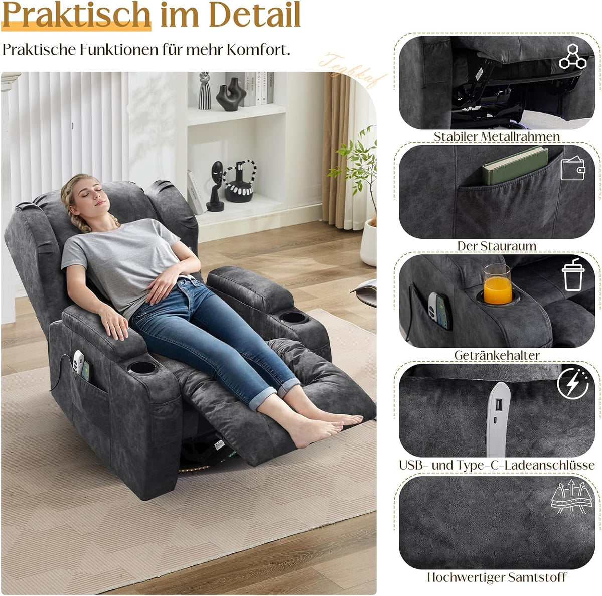 Elektrischer Fernsehsessel Relaxsessel mit Liegefunktion,240°Drehsessel Kinosessel Massagesessel mit Wärmefunktion,TV Sessel Liegesessel fürs