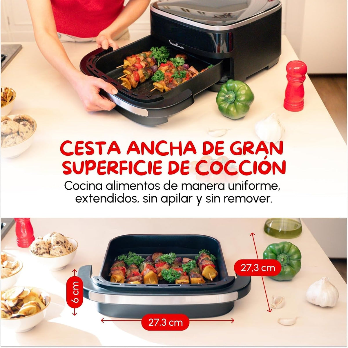 Moulinex Freidora de Aire Easy Fry XL Surface, 2200 W, Doble Resistencia, Cocción Uniforme, Cesta Ancha, 10 Programas Automáticos, Horno para Pizzas,