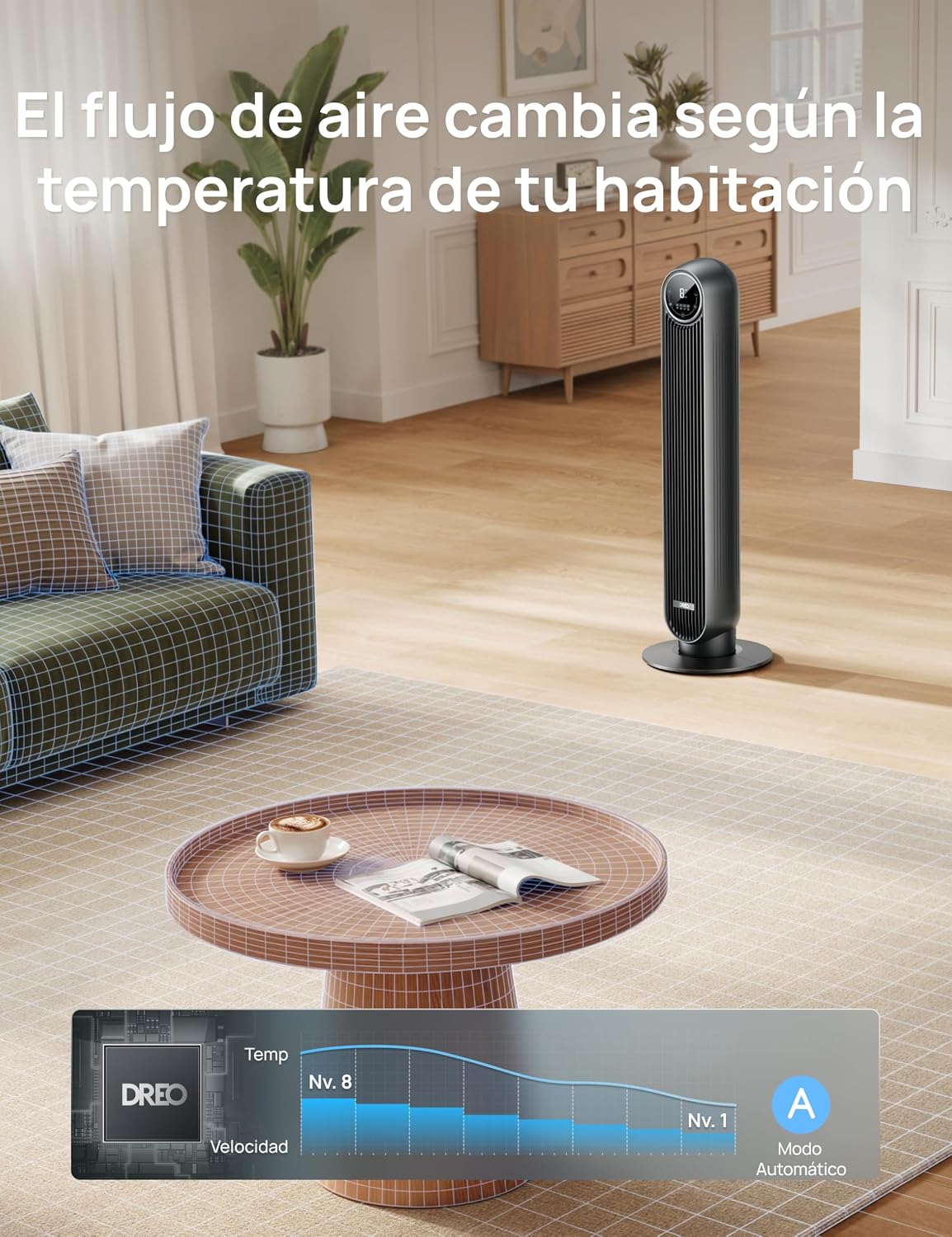 Dreo 20dB Ventilador de Pie Silencioso, Ventiladores de Torre con Velocidad de 7,6 m/s, 4 Velocidades, Rotación de 90°, Temporizador de 8 Horas,