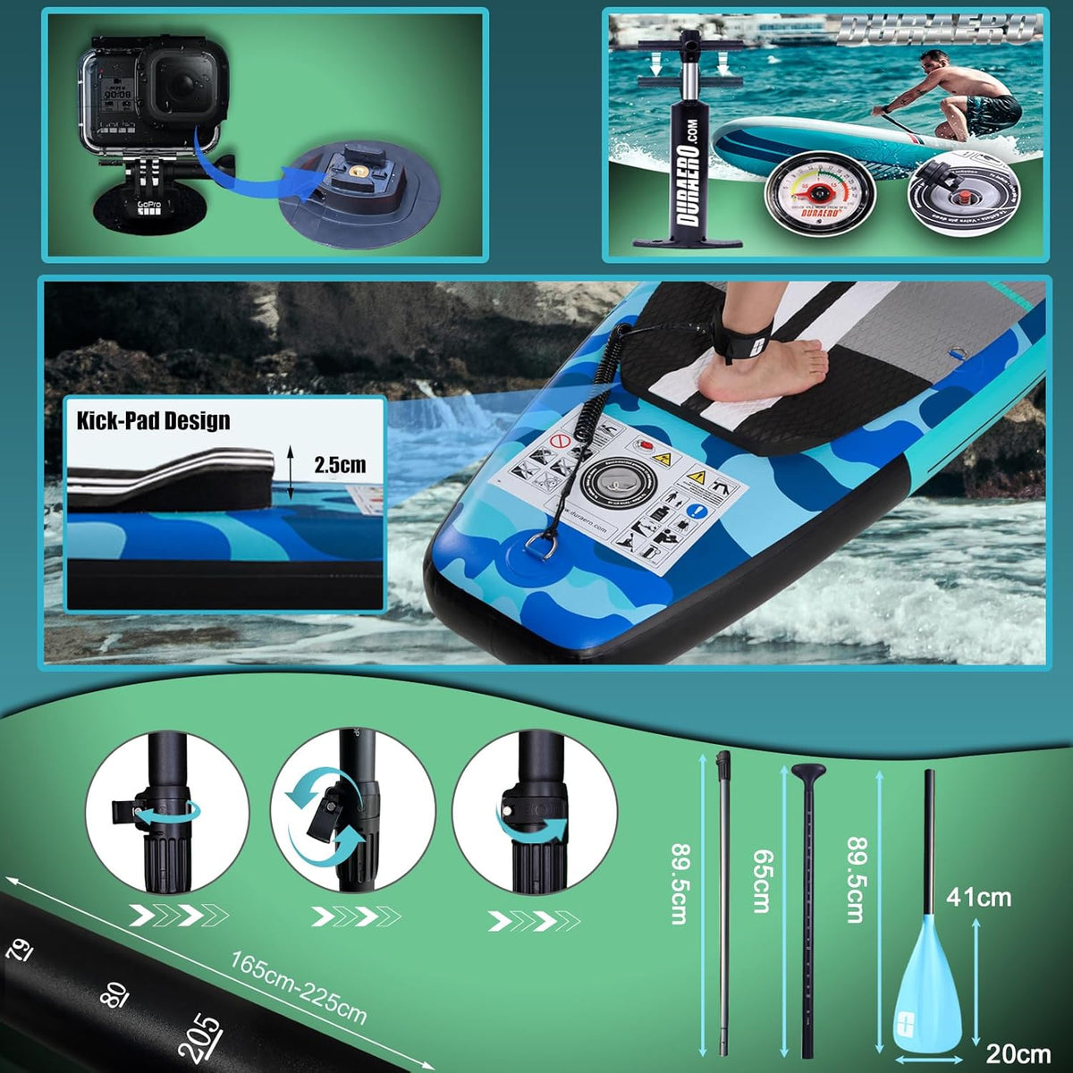 Inflatable Paddle Board with Kayak Seat, 330 x 76 x 15 cm, up to 150 kg, Integrated Pad, Detachable Fin, Double Adjustable Paddle, Repair Kit, Blue