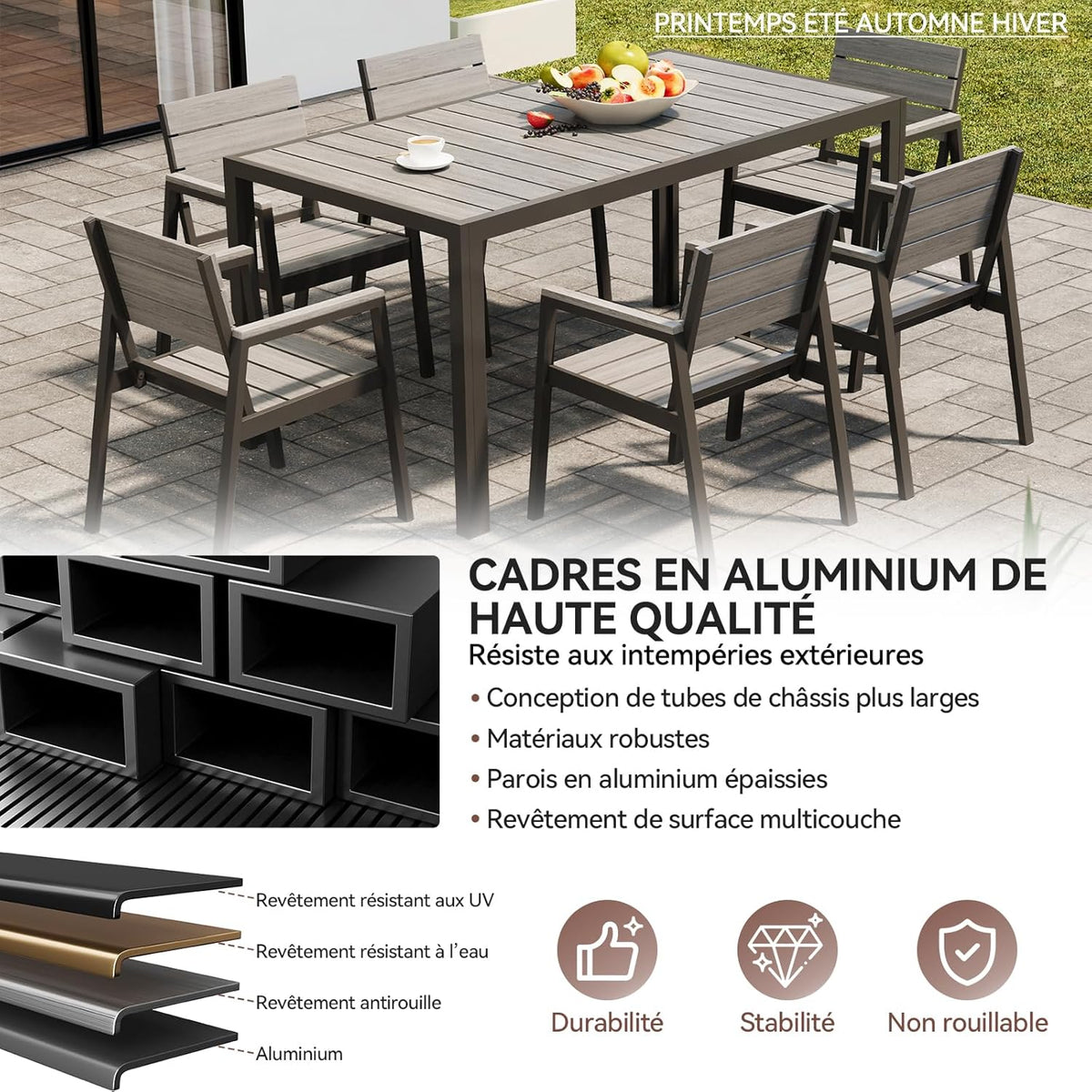 Devoko HDPS Conjunto de jardín de exterior de 7 piezas, resistente a la intemperie,con mesa de 150 cm y 6 sillas de jardín de exterior de aluminio,