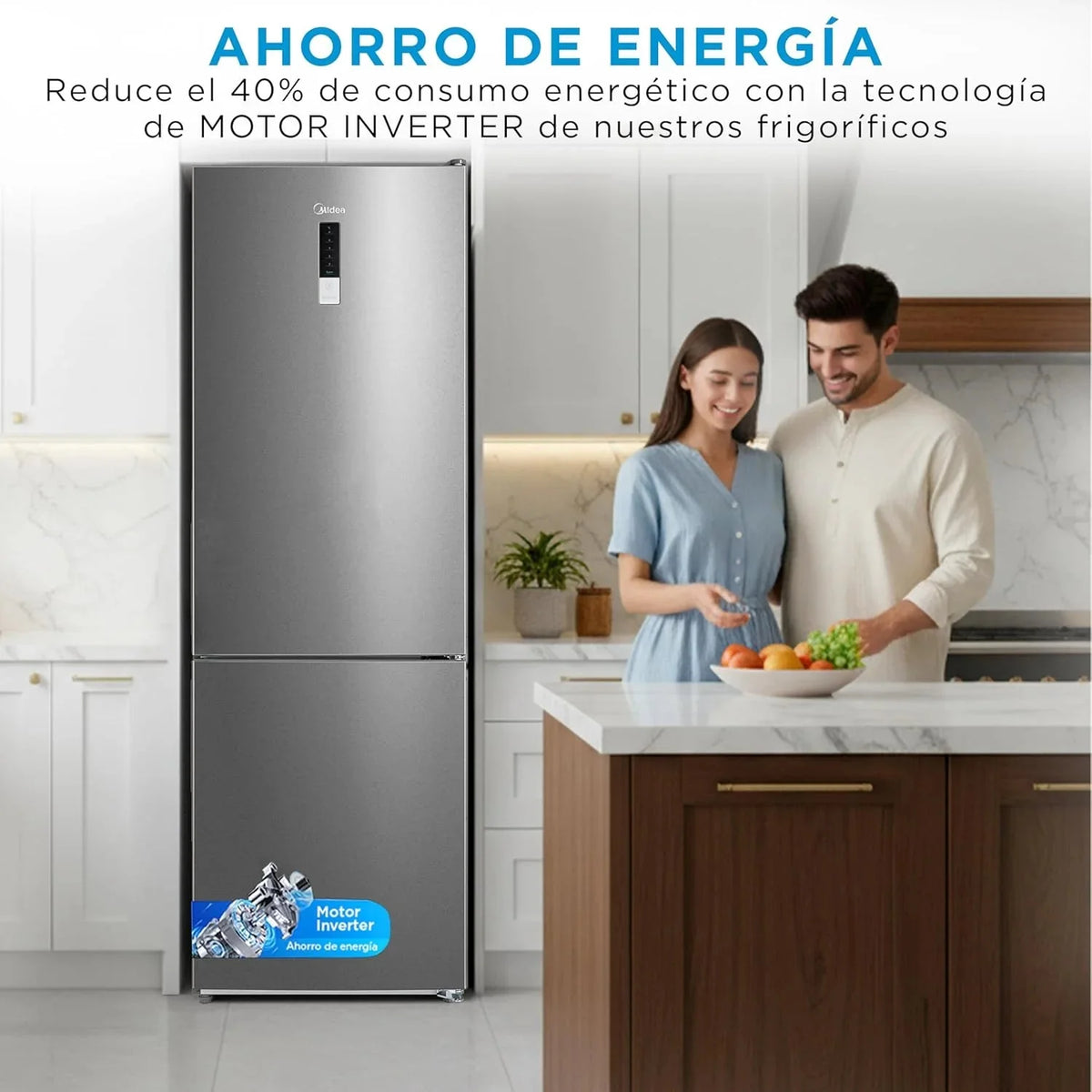 Midea Frigorífico Combi No Frost | 60 cm ancho x 188 alto cm | Inox | Nevera libre instalación 224 L + 86 L Congelador - Refrigerador de bajo consumo
