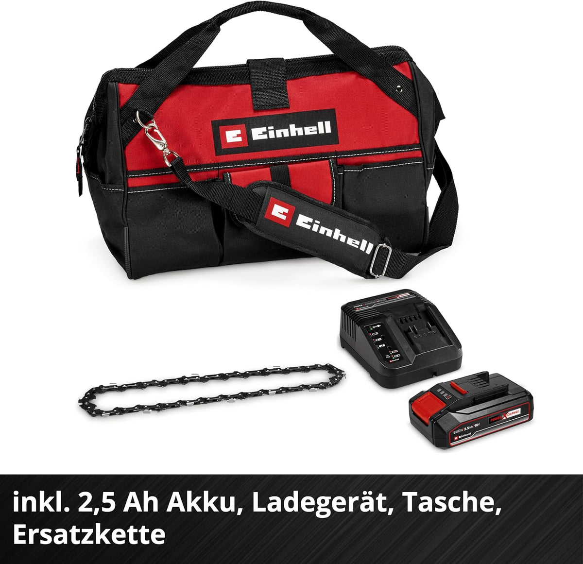 Einhell Akku-Astkettensäge GE-PS 18/15 Li Bag Kit Power X-Change (18 V, Brushless, 12,5 cm Schnittlänge, inkl. 2,5 Ah Akku, Ladegerät, Ersatzkette,