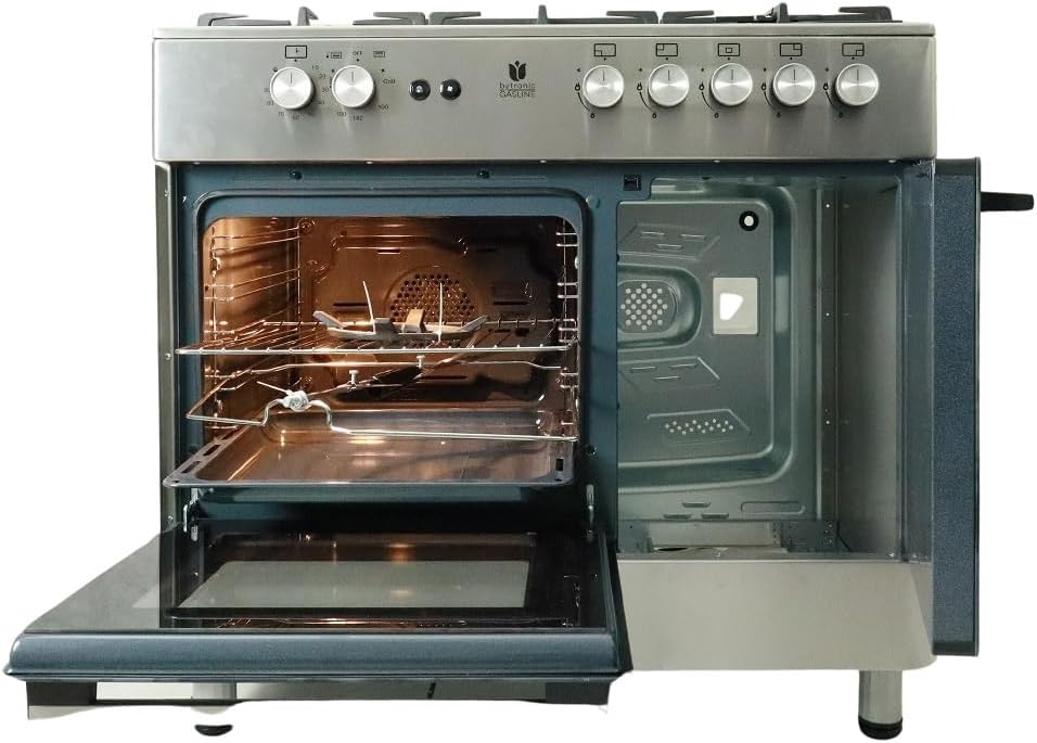 Gasline Gas Standherd mit Flaschenschrank 90cm GAG90GOXFL, 5 Flammig Sabaf-Brenner, Elektrische-Zündung und Vollzündsicherung Propan LPG...