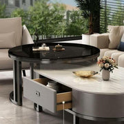 View Ovaler Couchtisch aus Stein, 2er-Set, Wohnzimmer-Mitteltisch mit Schublade, Beistelltisch aus Glas, Schwarz/Grau – Grau, (99,9 cm L x 49,9 cm B x 40,6 image 5