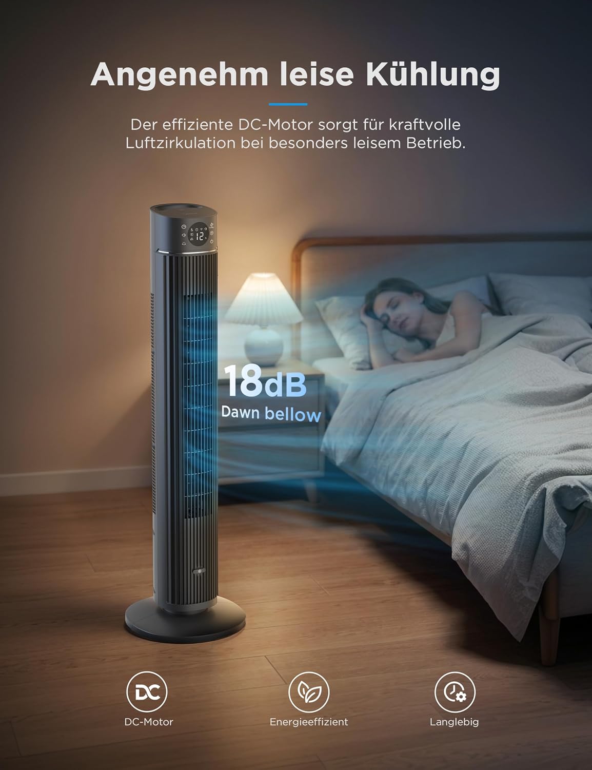 Midea FZ10-26ARDW Smart Leiser Turmventilator mit Fernbedienung, 19 dB Flüsterleise, DC-Motor, 4 Modi & 12 Stufen, 24h Timer, App-Steuerung für