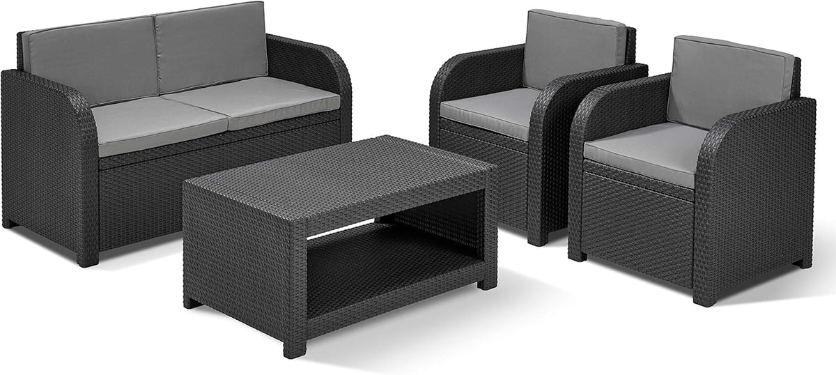 Allibert by Keter Modena Gartenmöbel Set aus Kunststoff, inkl. Sitzkissen, grau, 4-teilig, 2 Sessel, Sofa & Tisch, für Garten, Balkon & Terrasse,