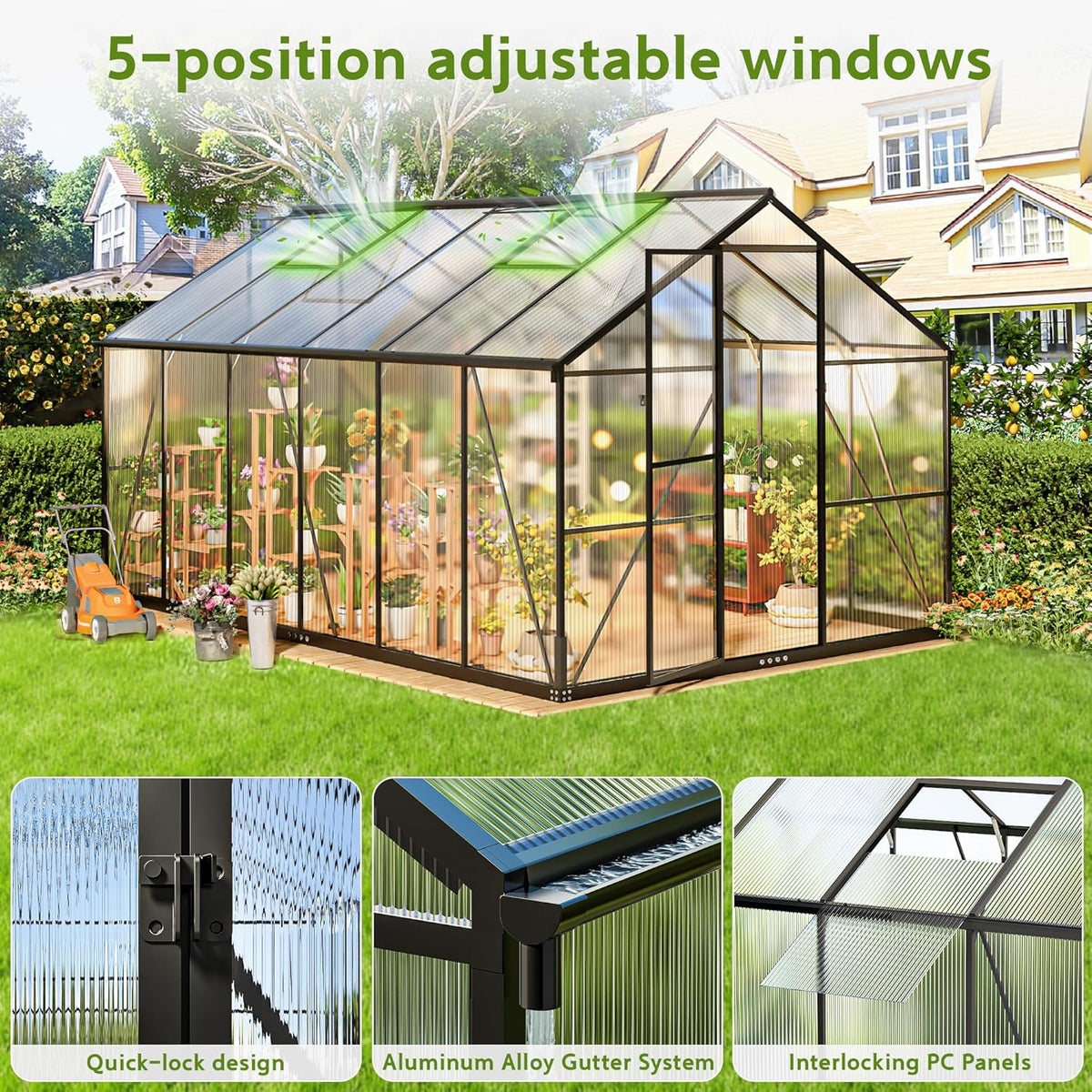 Gewächshaus Aluminium für den Garten, 362x247x205cm Gewächshaus Aluminium mit Fundament, Verstellbare Dachentlüftung, Vielseitig nutzbar als