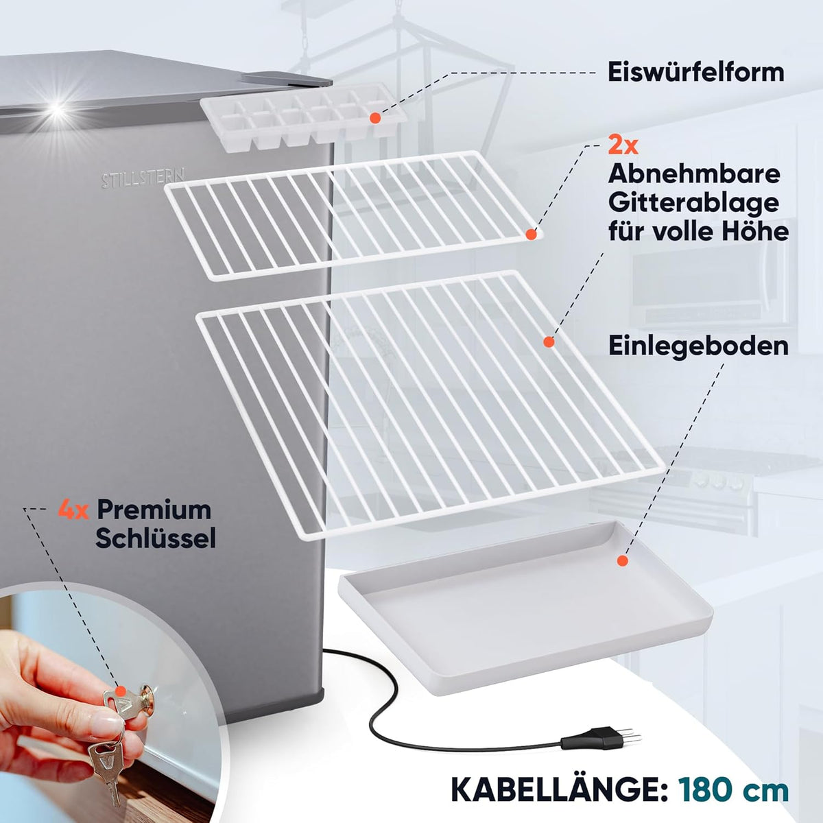 Stillstern Mini Gefrierschrank (42L) -18°C, Eiswürfelschale, Schloss, Türanschlag wechselbar, 4-Sterne Tiefkühlschrank für Camping/Büro Gefriertruhe