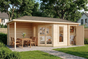 View 5-Eck Gartenhaus Liwa mit Anbau aus Holz in Naturbelassen mit 28mm Wandstärke und Überdachter Terrasse image 2