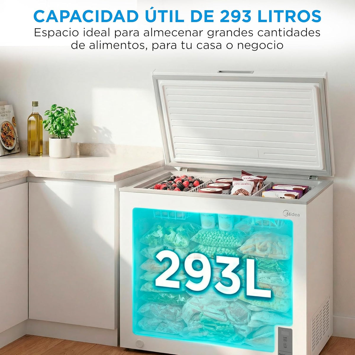 MIDEA Arcon Congelador Pequeño de 293L | Congelador Horizontal Convertible a Frigorífico con Motor Inverter, Control Electrónico de Temperatura,