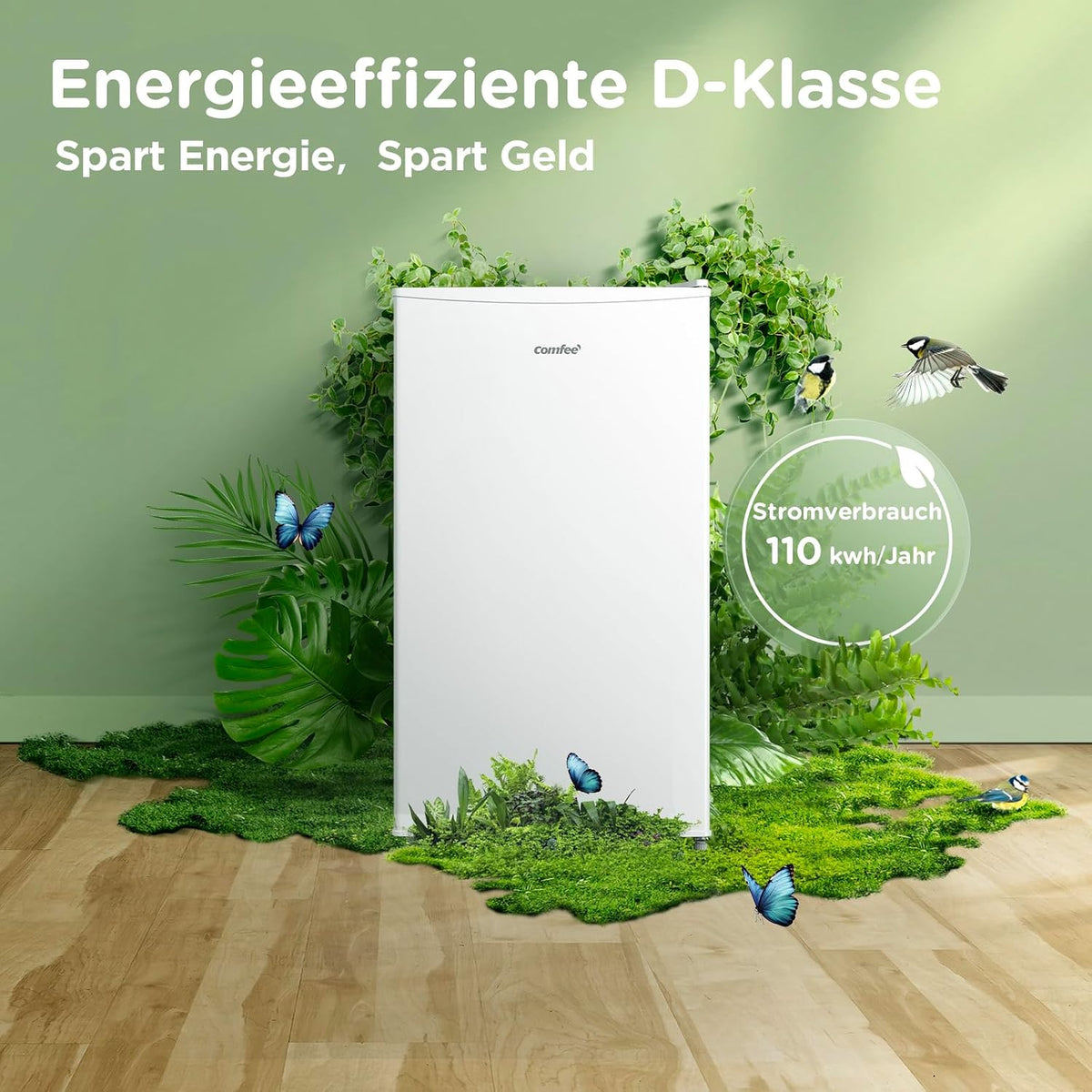 Comfee RCD80WH3(E) Kühlschrank mit Gefrierfach, 80L Kleiner Kühlschrank, Obst- und Gemüsefach, 84.5 cm Höhe, 47.5 cm Breite, 110 kWh pro Jahr,