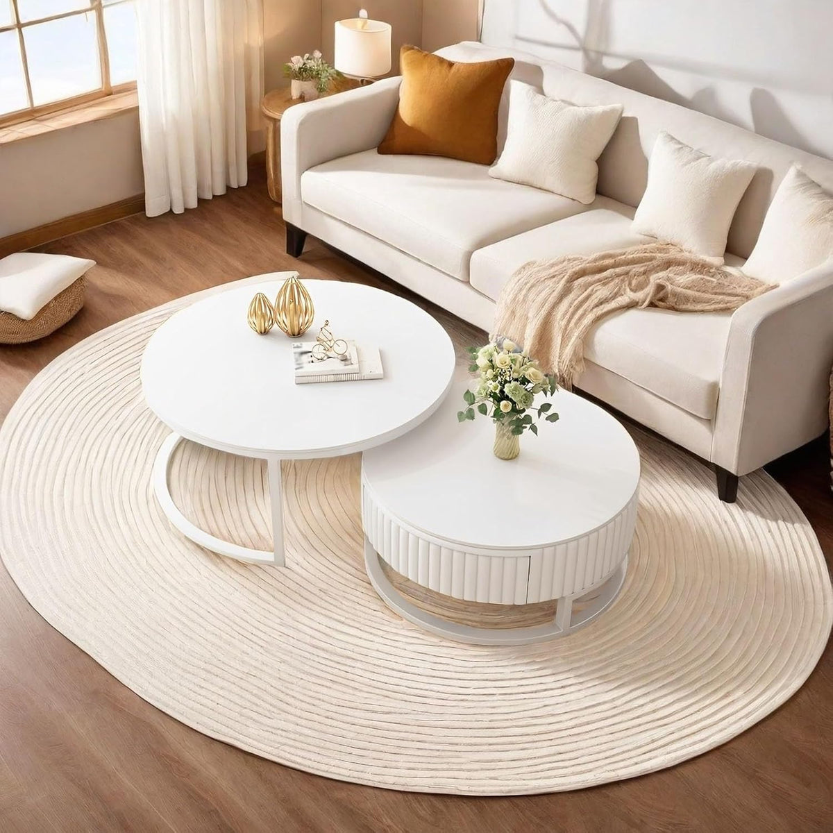 2er Set Couchtisch Rund Weiss 50+70cm Wohnzimmertisch Weiß Runder Couchtisch Mit Stauraum Marmor Beistelltisch Stabilem Metallgestel Satztische Fürs