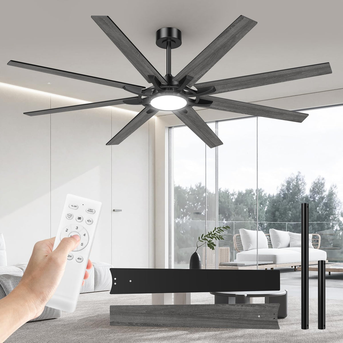 Airwit 183cm Deckenventilator mit Beleuchtung Extra Groß, Verbundholz Outdoor Leise Deckenventilator mit Licht und Fernbedienung, Lampe mit Ventilator