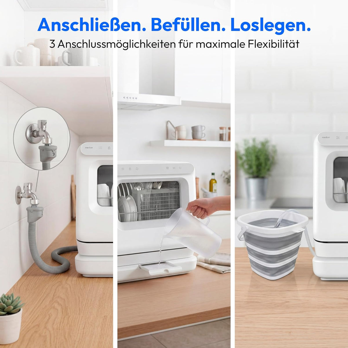 MEDION Mini Geschirrspüler DWT30, 3 Maßgedecke, Tischgeschirrspüler, funktioniert mit/ohne Wasseranschluss, 6 Programme, UV-Licht, Lüfter-Trocknung,