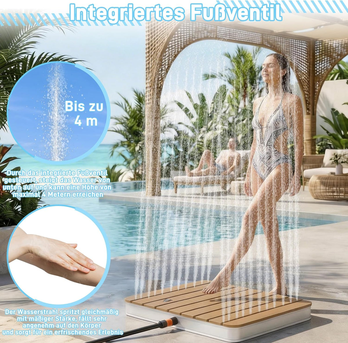 UISEBRT Gartendusche Außendusche aus WPC und Aluminium - Mobile Bodendusche Solardusche Campingdusche - Fontänenhöhe bis 4m einstellbar - für Pool