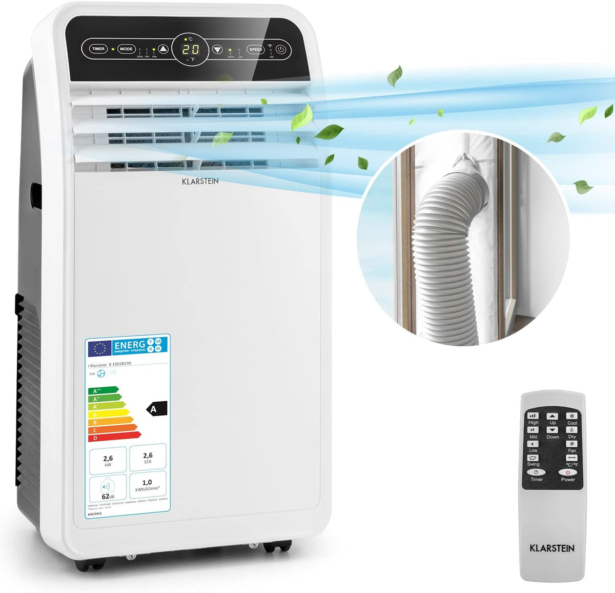 Klarstein Mobile Klimaanlage mit Abluftschlauch, 4-in-1 Klimagerät mit Ventilator, Luftentfeuchter & Nachtmodus, Kleine & Portable Klimaanlage für