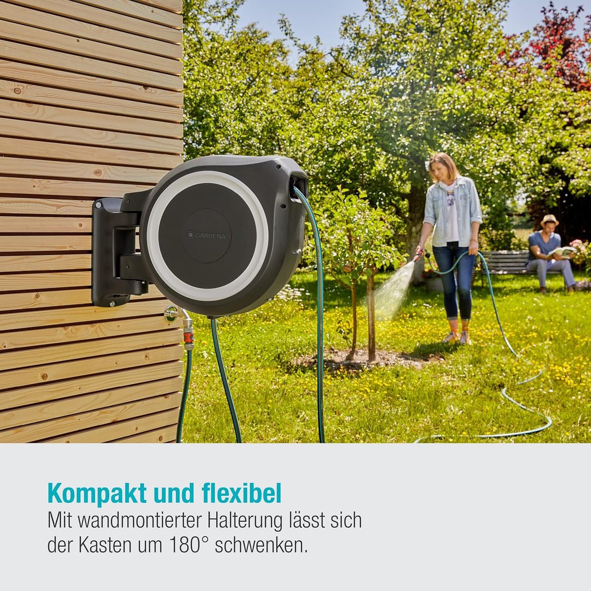 Gardena Original Wand-Schlauchbox RollUp L (weiß) 30 m: flexible Bewässerung für große Gärten, Schwenkbare Schlauchbox, inkl. 30 m Gardena
