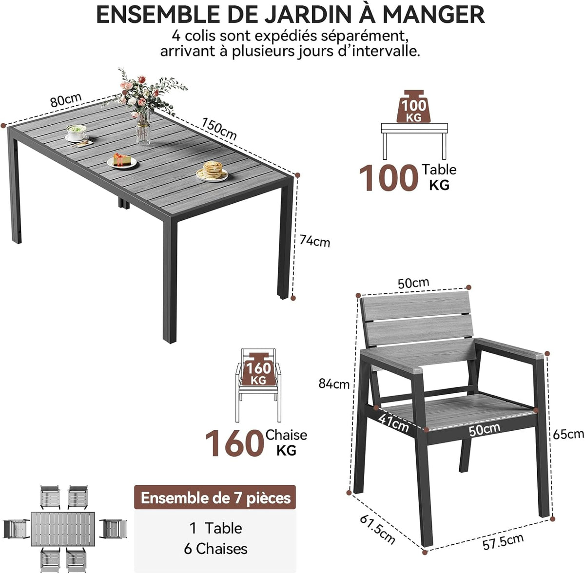 Devoko HDPS Conjunto de jardín de exterior de 7 piezas, resistente a la intemperie,con mesa de 150 cm y 6 sillas de jardín de exterior de aluminio,