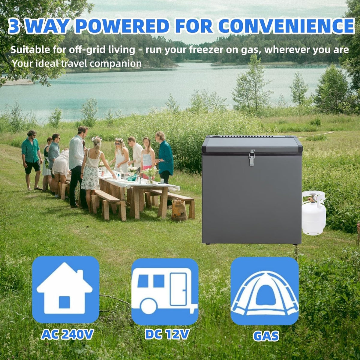Smad Gas Gefrierfach, 70 l, Dreifach Gemischt, 12 V/230/LPG, Camping, Gas Gefrierschrank, geräuschlos, für Garage, Mobile, Reise, Schwarz