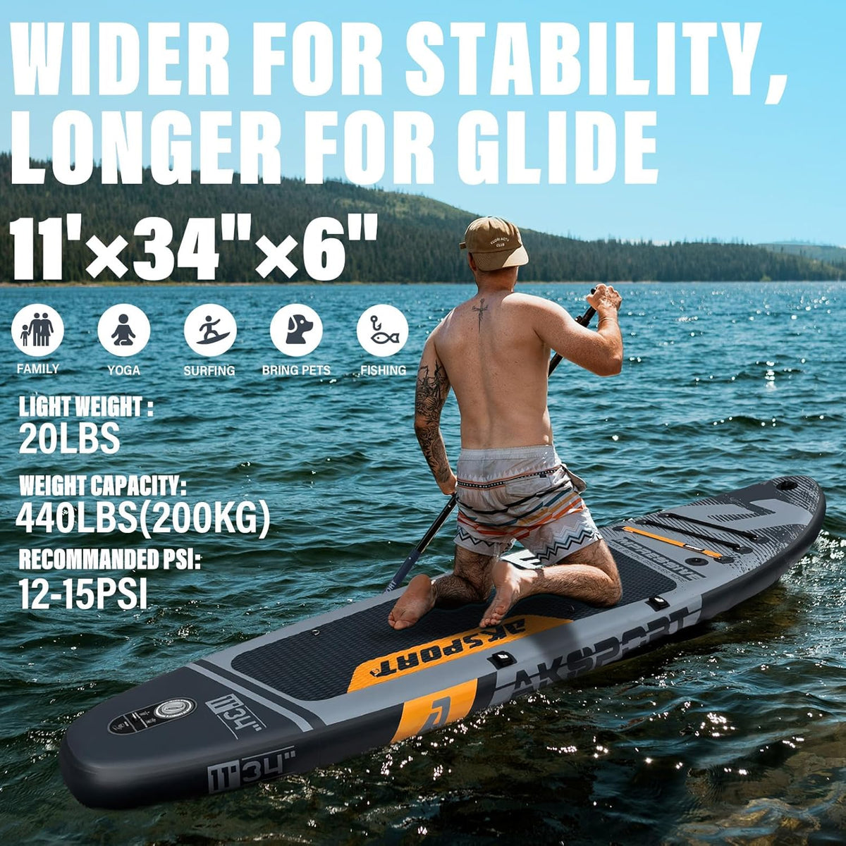 AKSPORT Tabla hinchable de surf de remo, tabla de surf hinchable con todos los accesorios, diseño ancho y estable, tabla antideslizante, tabla de remo
