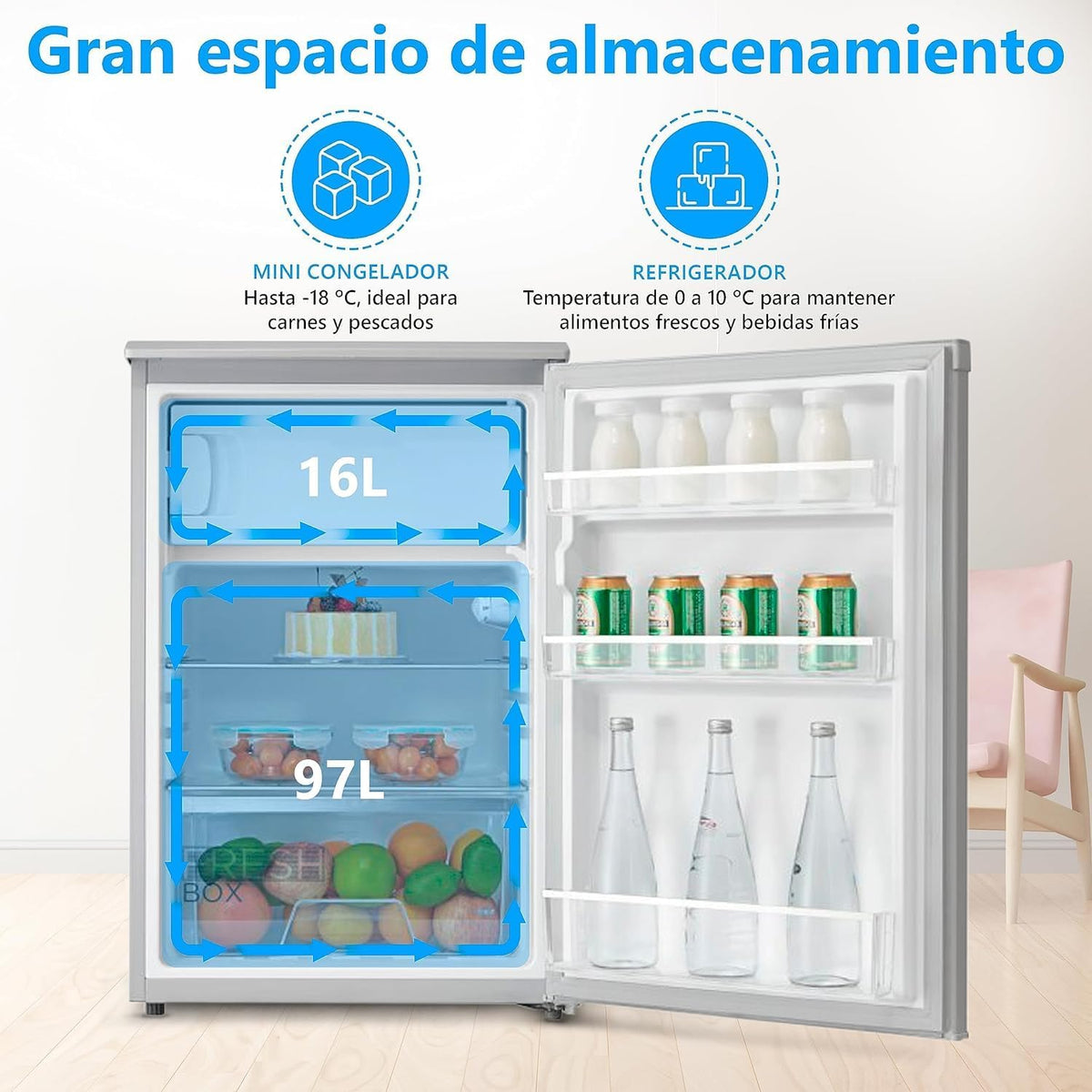 Midea Nevera pequeña 113L con Congelador - Mini frigorífico pequeño para la Habitación/Caravana/Camping - Mini Bar Bajo Consumo - Frigorifico Bajo
