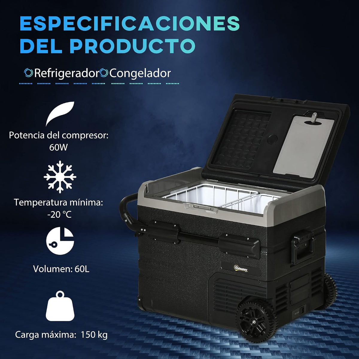 Outsunny Nevera Compresor Portátil 60L Nevera Portátil Eléctrica para Coche Congelador CC 12V/24V hasta -20°C con Pantalla LED Táctil Asa Retráctil