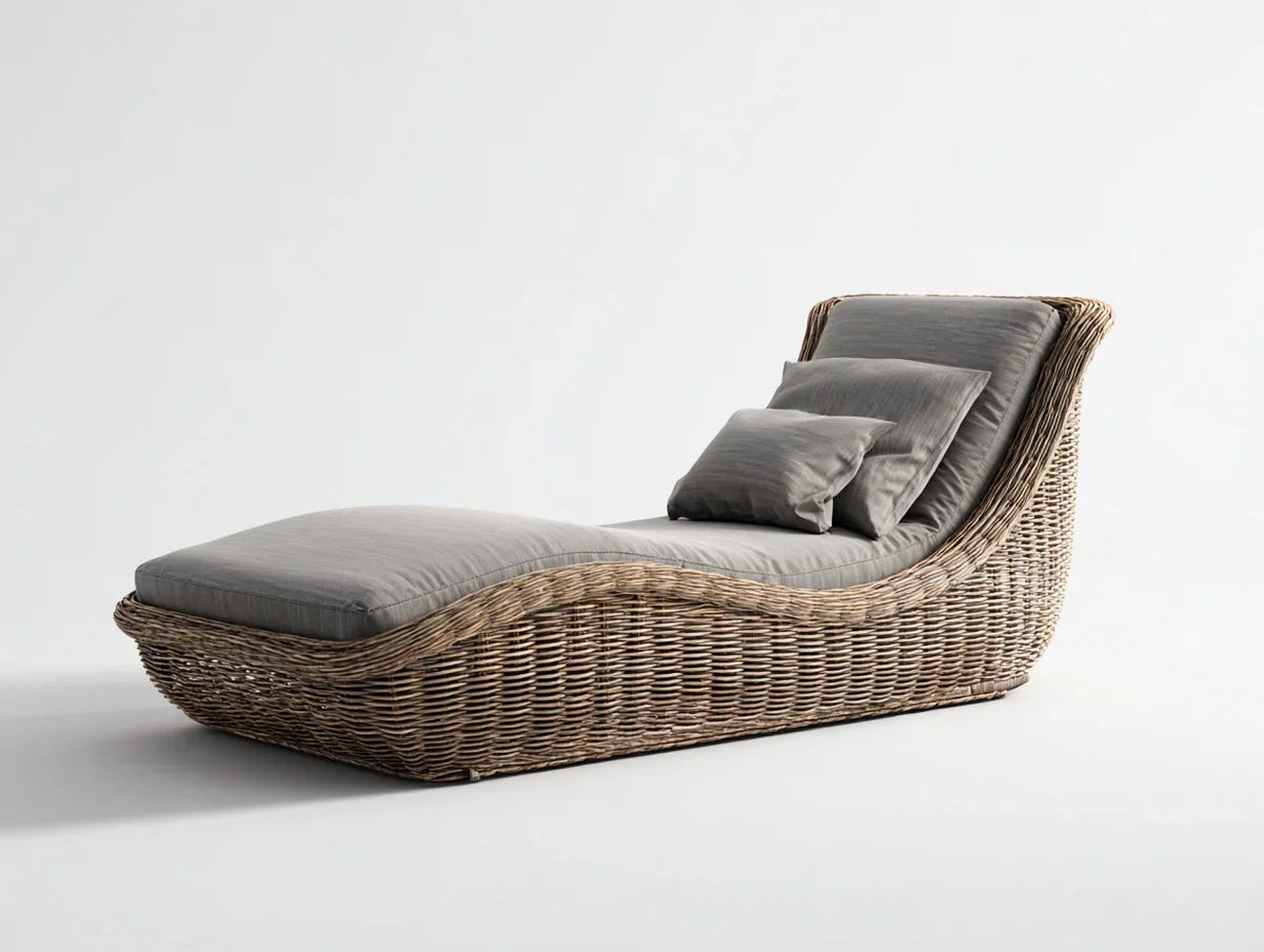 Tumbona de exterior 195x70x85 cm - ratán trenzado y cojín gris - diseño ergonómico para jardín y terraza - estilo natural moderno