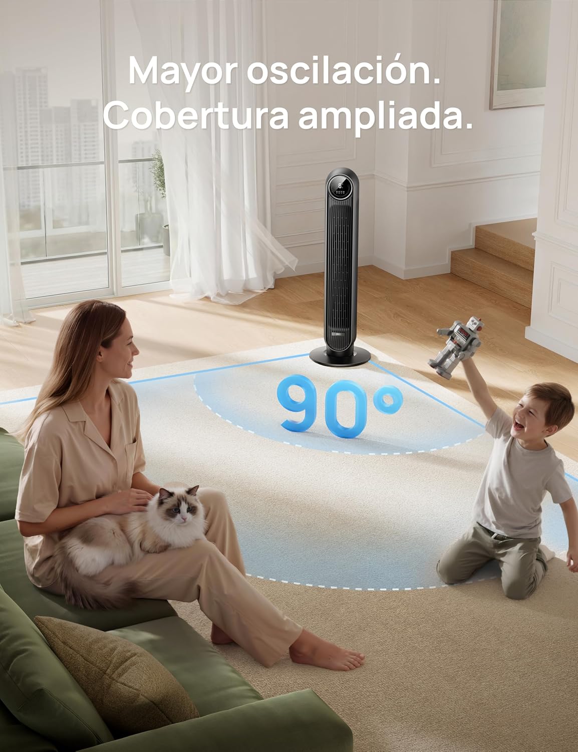 Dreo 20dB Ventilador de Pie Silencioso, Ventiladores de Torre con Velocidad de 7,6 m/s, 4 Velocidades, Rotación de 90°, Temporizador de 8 Horas,