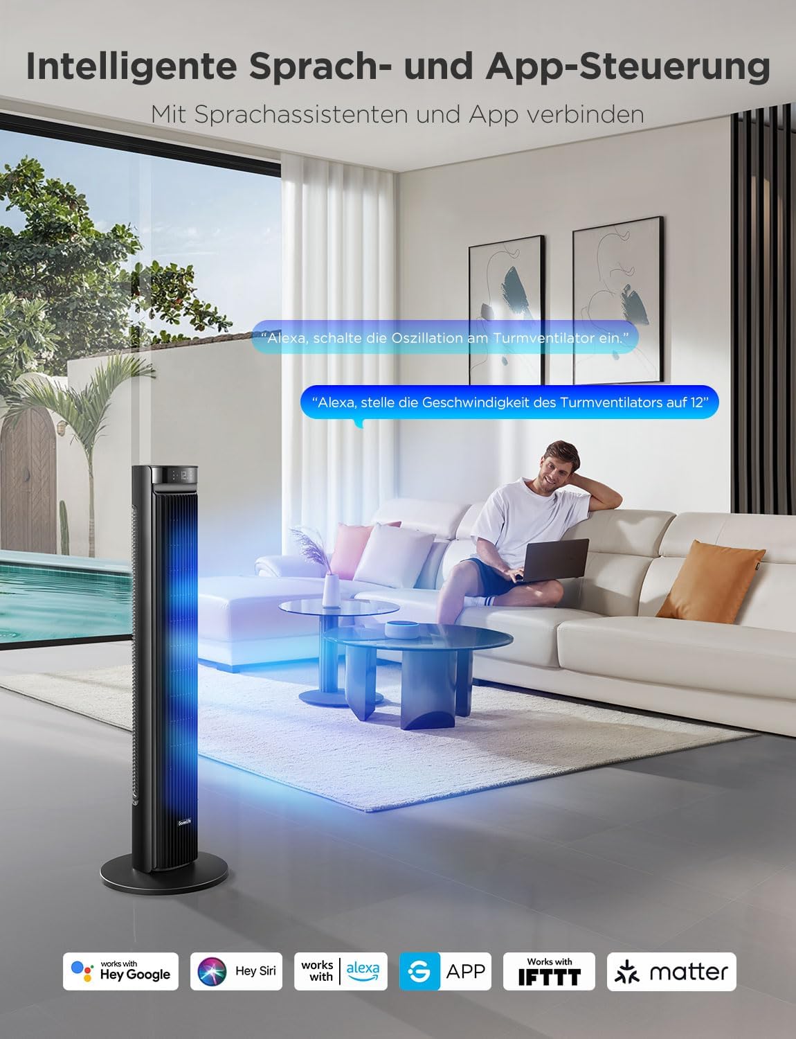 GoveeLife 27 dB leiser Ventilator, 12 Geschwindigkeiten bis zu 8 m/s, 5 Modi, 24-Stunden-Timer, intelligenter Turmventilator mit 150°-Oszillation, APP
