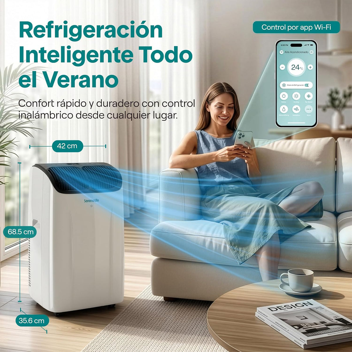 SereneLife Aire Acondicionado Portátil 14000 BTU con WiFi, Climatizador 3 en 1 Frío, Ventilación y Deshumidificador, Smart con Kit de Ventana, para