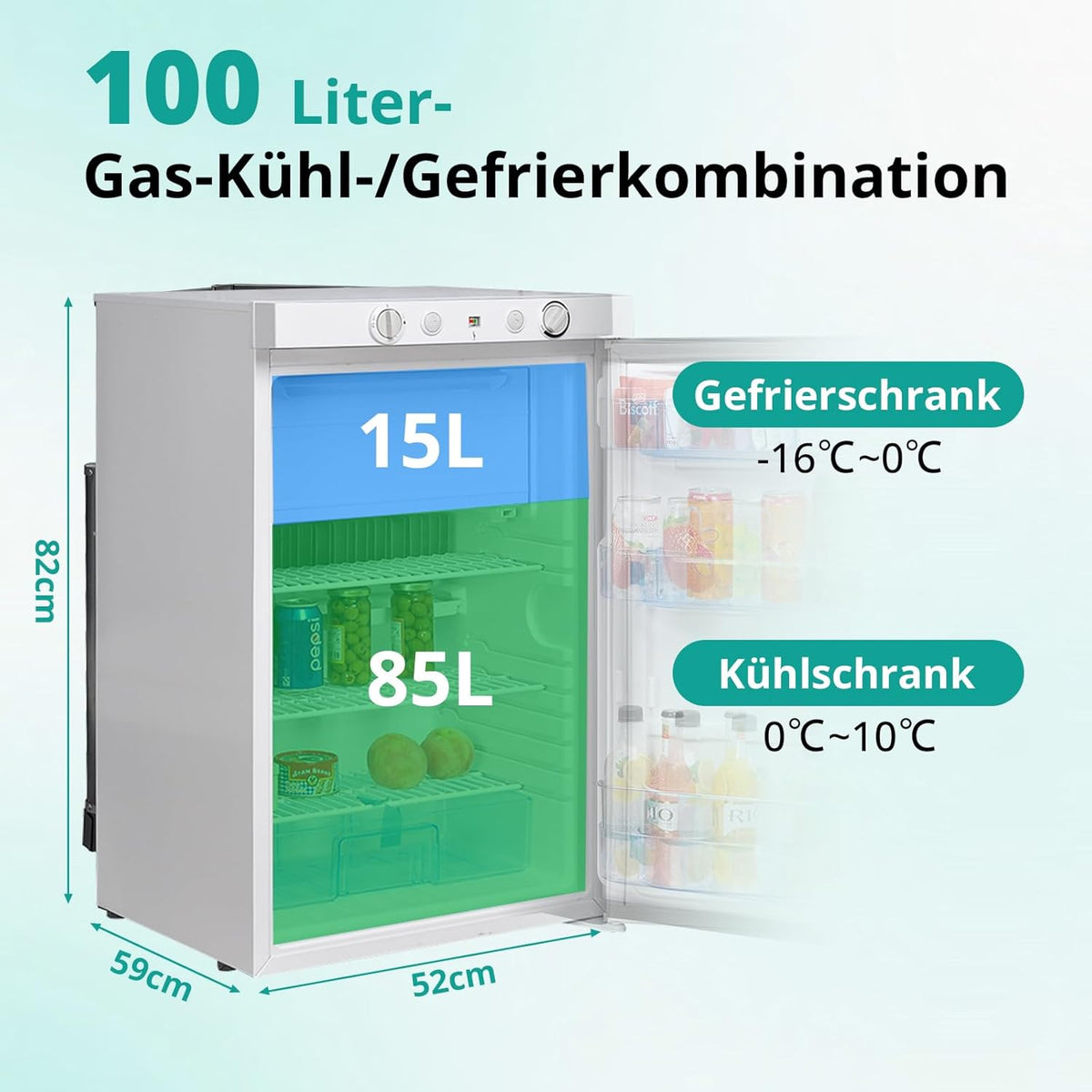SMETA Gaskühlschrank Gefrierschrank 12V/230V/Gas, Kühlschrank Mit Gefrierfach 100L, Leiser Kombikühlschrank Für Camping, Zuhause, Wohnwagen, Garage,