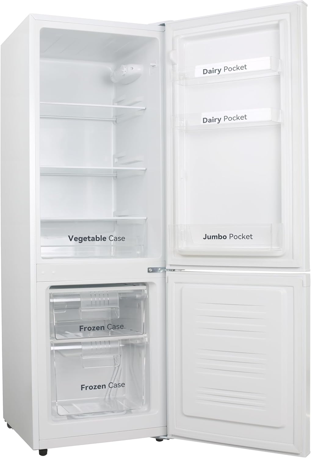VOK Frigorífico Combi 154L EVR-154DEW, 142 cm Altura x 48,3 cm Ancho, Clase E, Bajo Nivel Sonoro 39 dB, Puerta Reversible, Estanterías Cristal